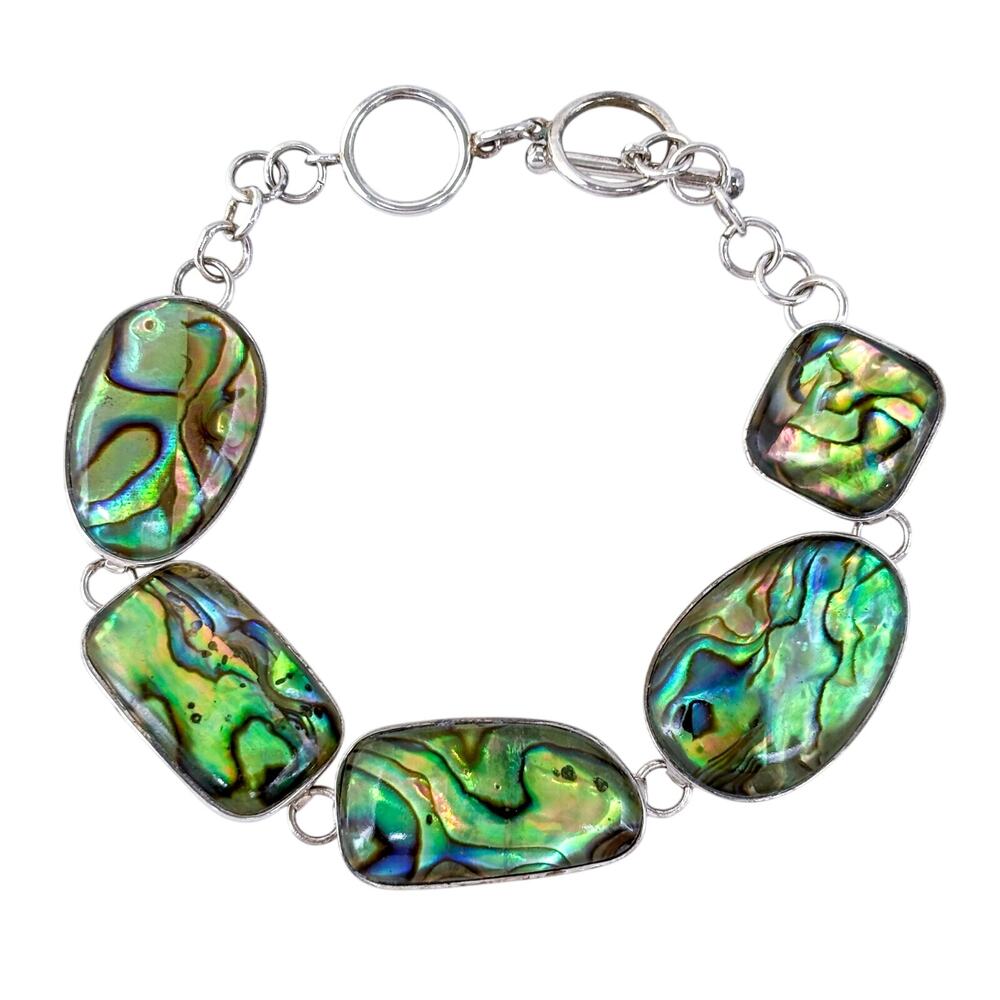 Vintage Sterling Silver 925 Abalone Link Bracelet | 7"-8"